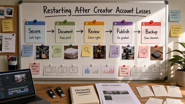 A creator rebuild plan showing account security, appeal evidence, content review, publishing, and backup audience channels.