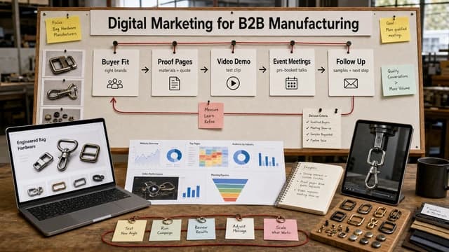 A B2B manufacturing marketing workflow showing trade-show relationships connected to website proof, product videos, and quote follow-up.