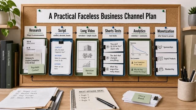 A workflow diagram showing how a faceless business acquisition channel moves from research to long video, Shorts testing, analytics, and monetization options.