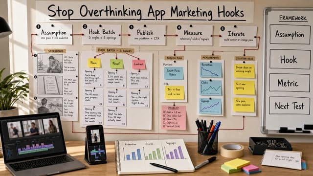 A founder runs a one-week app marketing hook sprint from assumptions to videos, metrics, and the next iteration.
