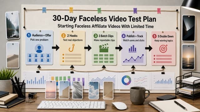 Diagram showing a 30-day workflow for testing faceless videos with limited daily time.