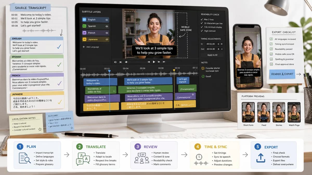 Subtitle Localization Workflow illustration for caption generator production