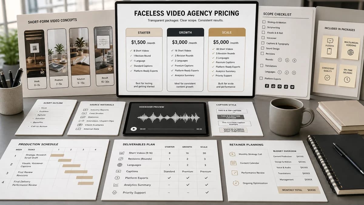 Faceless Video Agency Pricing illustration for faceless video production