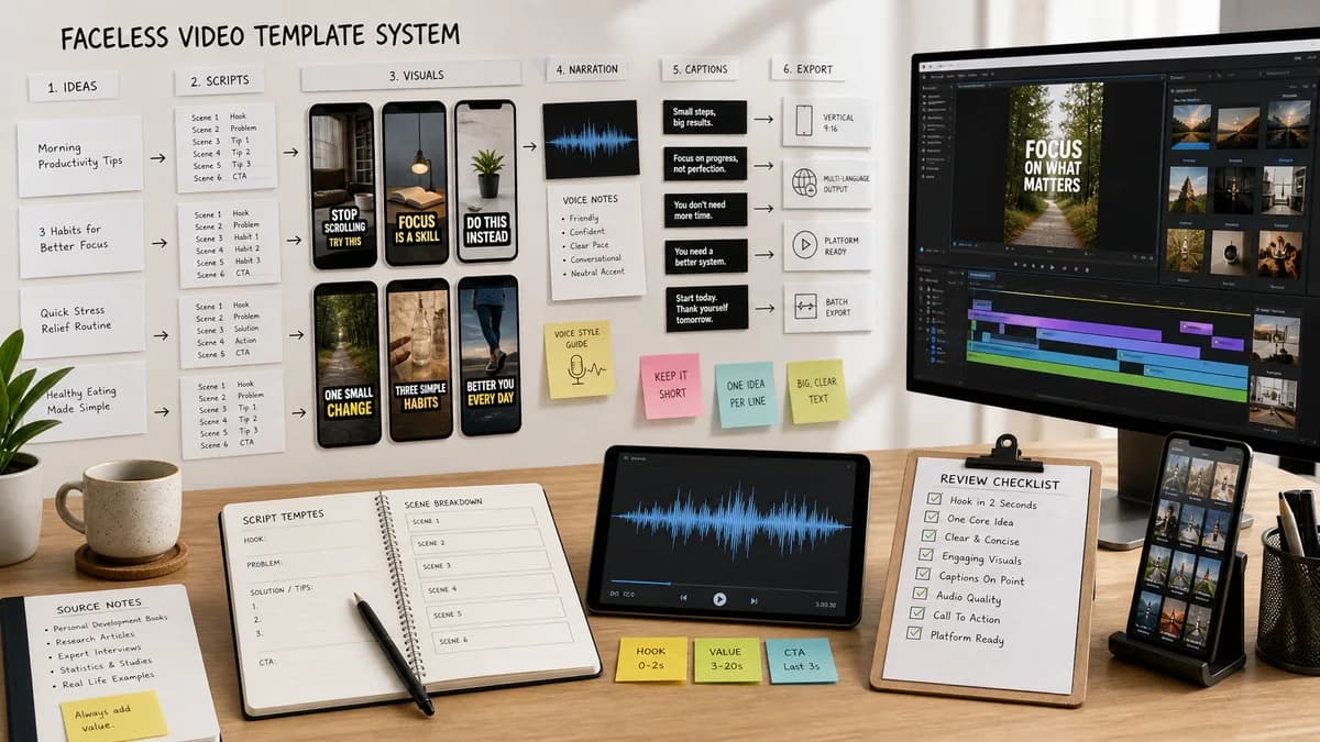 Faceless Video Template System illustration for faceless video production