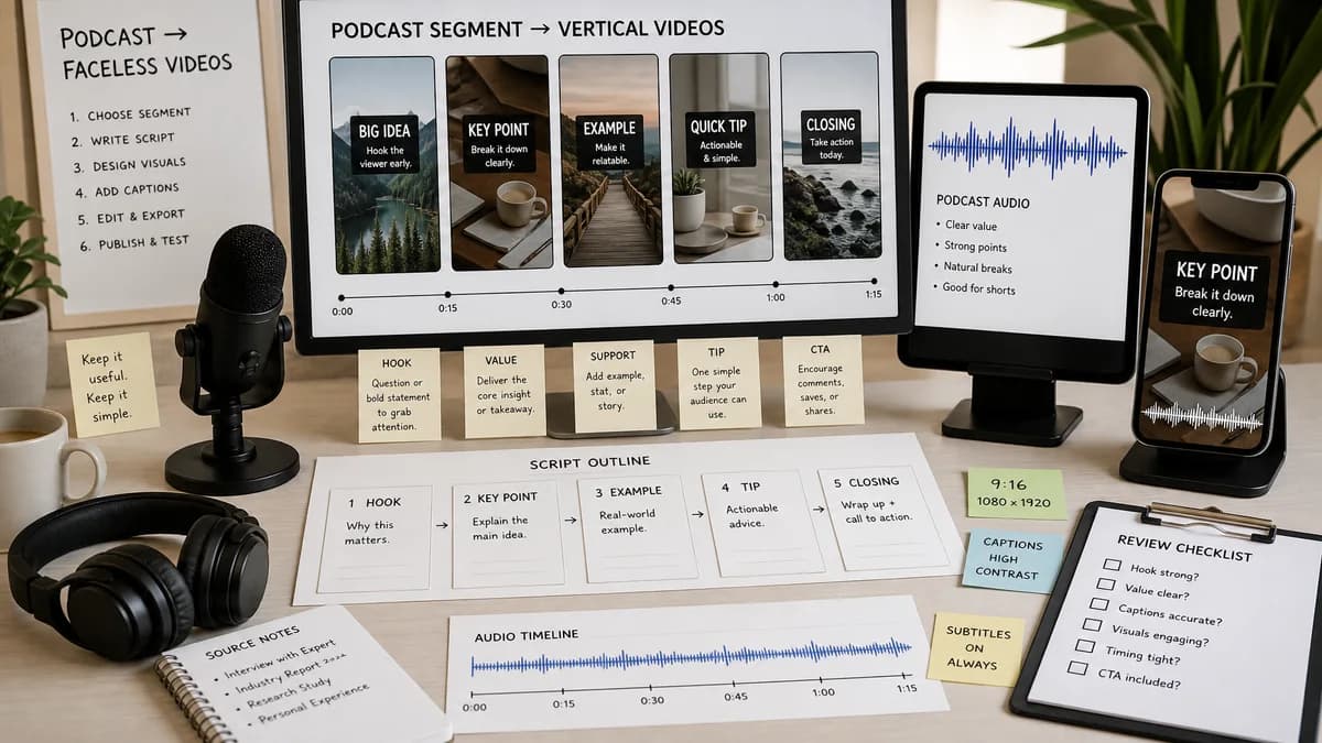 Podcast to Faceless Video illustration for faceless video production
